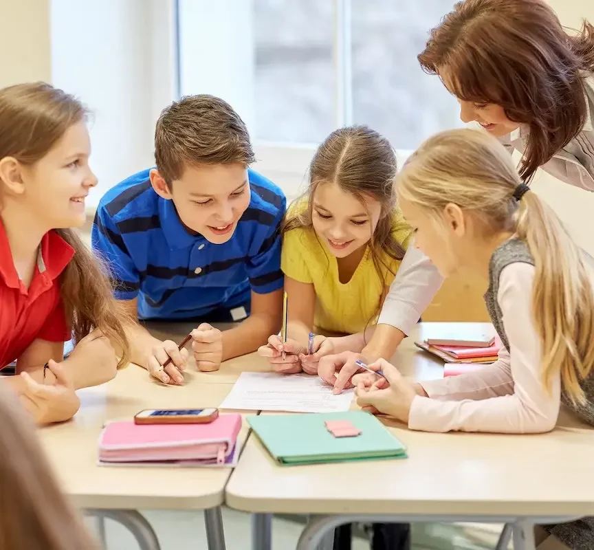 Students working together at a classroom table